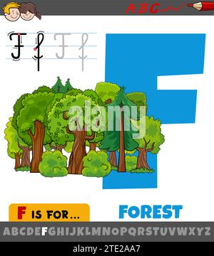 Pädagogische Zeichentrickillustration des Buchstabens F aus Alphabet mit Wald Stock Vektor