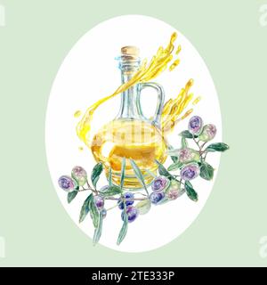 Olivenöl Aquarell, Spritzer, Olivenzweig. Designelement für Lebensmitteletiketten, Verpackungen, Prospekte, Umschläge, Karten, Menüs, Einladungen, Kosmetikprodukte Stockfoto