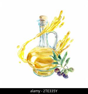 Olivenöl in einer Glasflasche, Spritzer, Olivenzweig. Aquarellabbildung isoliert auf weißem Hintergrund. Lebensmitteletiketten, Verpackungen, Prospekte, Abdeckungen, c Stockfoto