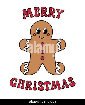 Vektor grooviger Retro-Zeichentrick Lebkuchenmann mit fröhlichem Weihnachtstext isoliert auf weißem Hintergrund Stock Vektor