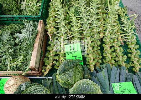 Markt auf dem Winterfeldtplatz, Gemüse, Marktstand, Wochenmarkt, Rosenkohl, Marktplatz, Schöneberg, Berlin, *** Markt am Winterfeldtplatz, Gemüse, Marktstand, Wochenmarkt, Rosenkohl, Marktplatz, Schöneberg, Berlin, Stockfoto