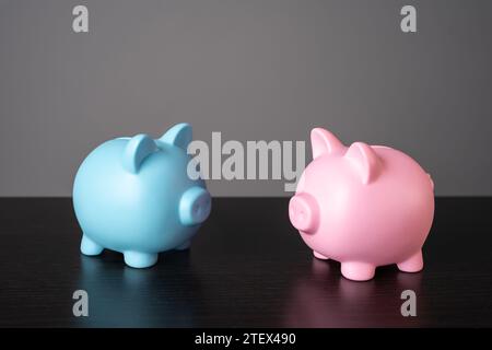 Zwei Figuren mit Schweinebänken in Blau und Pink. Budgets für Liebespartner oder Familie. Minimalismus und Abstraktion. Ein gemeinsames Leben zu beginnen Stockfoto