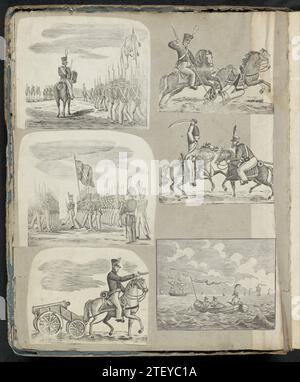 Album Magazin mit verschiedenen Auftritten, Album Magazin 1814 - 1869 mit 6 ausgeschnittenen Aufführungen hauptsächlich Folk Prints, darunter von Soldaten zu Pferd und marschierenden Fußsoldaten. Nijmegen Paper Snipping Album Magazin mit 6 ausgeschnittenen Aufführungen hauptsächlich Folk Prints, darunter Soldaten auf Pferden und marschierende Fußsoldaten. Nijmegen-Papierscherkappe Stockfoto