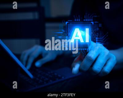 KI-generierte, futuristische Technologie. KI-Chip, Presse von Geschäftsmann, der mit Laptop arbeitet. Künstliche Intelligenz und globales Online Stockfoto