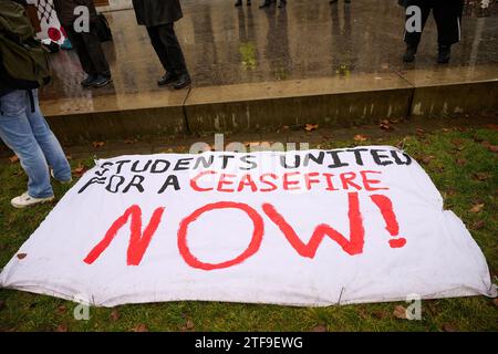 Berlin, Deutschland. Dezember 2023. "Studenten haben sich für einen Waffenstillstand vereint!" Steht auf einem Banner am Boden während des Protestes mit dem Slogan „Studenten vereint für ein freies Palästina“ auf dem Steinplatz. Die Berliner Studentenvereinigung hat zur Demonstration aufgerufen, die sich gegen Israels Angriffe auf den Gazastreifen richtet. Die Organisatoren werfen Israel vor, für den Völkermord an Palästinensern verantwortlich zu sein. Annette Riedl/dpa/Alamy Live News Stockfoto