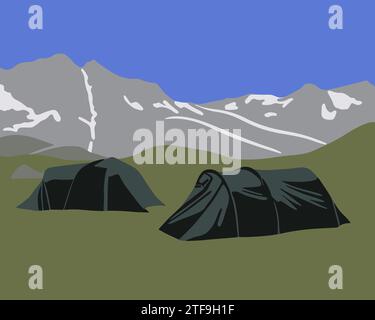 Vektor-Illustration der Berglandschaft mit Zelten. Stock Vektor