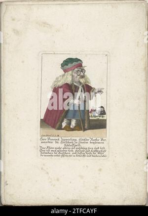 De kleine Mens Vincentz Zipperling im Pelzmantel, ca. 1710, 1705 - 1715 der kleine Mann Vincentz Zipperling im Pelzmantel. In der Überschrift unter dem Titel ein vierzeiliger Vers auf Deutsch. Rechts oben nummeriert: 3. Teil einer losen Ausgabe aus der Zeit um 1710 einer Serie von Karikaturen kleiner Menschen, bekannt als Zwergton. Augsburger Papiergravur des kleinen Mannes Vincentz Zipperling im Pelzmantel. In der Überschrift unter dem Titel ein vierzeiliger Vers auf Deutsch. Rechts oben nummeriert: 3. Teil einer losen Ausgabe von ca. 1710 einer Serie von Karikaturen kleiner Menschen, wissen Sie Stockfoto