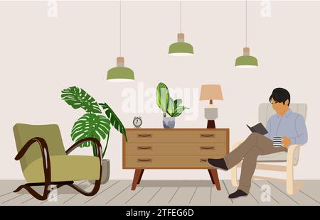 Mann liest Buch, sitzt im Sessel Vektor. Stock Vektor