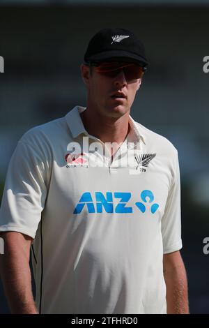Der neuseeländische Pace Bowler Kyle Jamieson während des ersten Testtages von Bangladesch und Neuseeland im Sylhet International Cricket Stadium in Lakkatura, Banglades Stockfoto