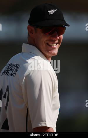 Der neuseeländische Pace Bowler Kyle Jamieson während des ersten Testtages von Bangladesch und Neuseeland im Sylhet International Cricket Stadium in Lakkatura, Banglades Stockfoto