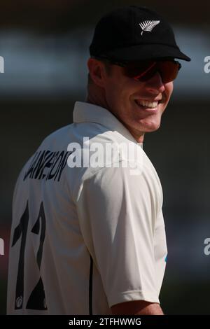 Der neuseeländische Pace Bowler Kyle Jamieson während des ersten Testtages von Bangladesch und Neuseeland im Sylhet International Cricket Stadium in Lakkatura, Banglades Stockfoto