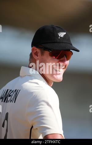 Der neuseeländische Pace Bowler Kyle Jamieson während des ersten Testtages von Bangladesch und Neuseeland im Sylhet International Cricket Stadium in Lakkatura, Banglades Stockfoto