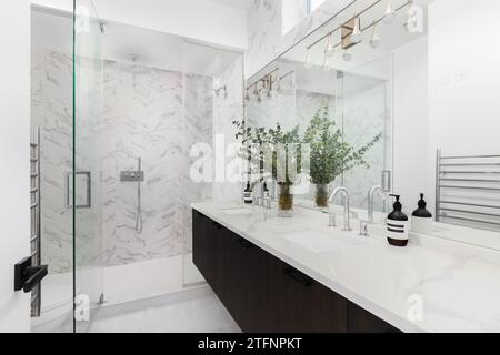 Ein wunderschönes Badezimmer mit einem schwebenden dunklen Holzschrank, Marmorarbeitsfläche mit Dekorationen und einer begehbaren Dusche mit Fischgrätenmuster. Keine Marken oder Etiketten Stockfoto