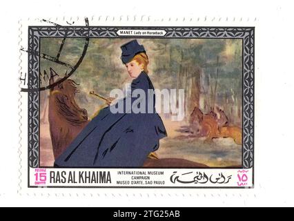 Vintage-Briefmarke von Ras Al Khaima mit einem Gemälde von Manet auf weißem Hintergrund. Stockfoto