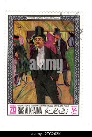 Vintage-Briefmarke von Ras Al Khaima mit einem Gemälde von Toulouse Lautrec auf weißem Hintergrund. Stockfoto
