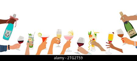 Weihnachten, Neujahrsgrenze mit Getränken. Stock Vektor