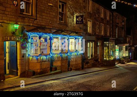 Weihnachtsdekoration am Abend in der Pateley Bridge. North Yorkshire.UK Stockfoto