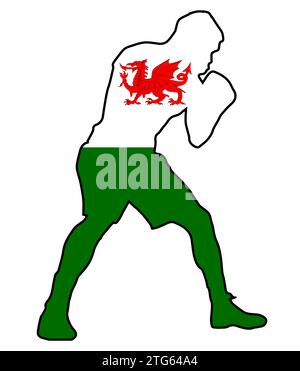 Silhouette eines schweren Boxers in Umriss über der Nationalflagge von Wales Stockfoto