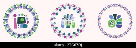 Einfache Natur Blatt und Monster Illustration Set in dekorativen Kranz für Kinder Blume Tier Vektor Motiv. Skurrile bunte Zeichnung in fröhlicher Natur Stock Vektor