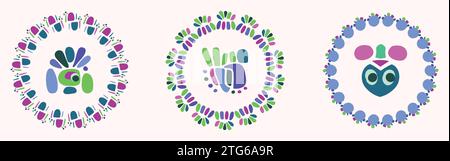 Einfache Natur Blatt und Monster Illustration Set in dekorativen Kranz für Kinder Blume Tier Vektor Motiv. Skurrile bunte Zeichnung in fröhlicher Natur Stock Vektor