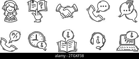Informationsschalter-Doodle-Symbol-Set. Handgezeichnete Skizze Kundenhilfe Info Service Vektor Illustration. Kontaktieren Sie uns, faq, Callcenter, Kundenschalter, Rece Stock Vektor