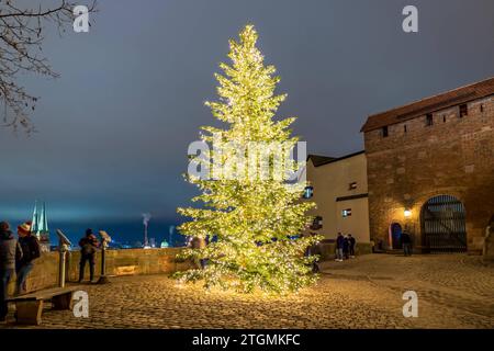 Weihnachtsbaum auf der Freiburg der Kaiserburg Nürnberg mit der dahinterliegenden Aussichtsplattform mit dem Blick über die gesamte Nürnberg Altstadt bei Nacht. *** Weihnachtsbaum auf der Freiburger Kaiserburg Nürnberg mit der Aussichtsplattform dahinter mit Blick über die gesamte Nürnberger Altstadt bei Nacht 20231219-6V2A6218-HDR-Bearbeitungen Stockfoto