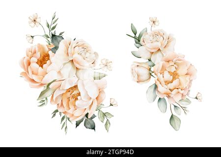 Ein Set von Blumensträußen in Aquarellfarben mit Pfingstrosen, Rosen und Blättern in sanften Pfirsichfarben. Clipart für Postkarten, Poster, Banner, Hochzeitseinladungen Stockfoto