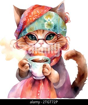 Katze im Turban mit einer Tasse Kaffee Aquarell auf weiß Stock Vektor