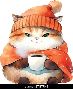 Katze im Turban mit einer Tasse Kaffee Aquarell auf weiß Stock Vektor