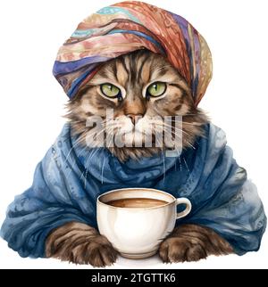 Katze im Turban mit einer Tasse Kaffee Aquarell auf weiß Stock Vektor