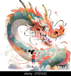 Chinesischer Drachen-Kinderbuch-Illustrationsstil auf weiß Stock Vektor