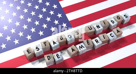 USA auf Spanisch - Holzwürfel und Landesflagge - 3D-Illustration Stockfoto