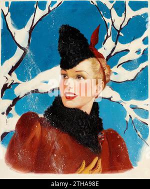 WILLIAM FULTON SOARE (AMERIKANISCH, 1896-1940). Schönes Mädchen im Winter. Öl auf Leinwand. Vintage-Style. Stockfoto