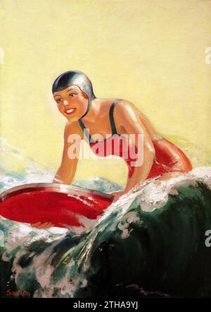 WILLIAM FULTON SOARE (AMERIKANISCH, 1896-1940). Surfer Girl - Öl auf Leinwand, ca. 1935 - Frau, die auf einer Welle reitet Stockfoto