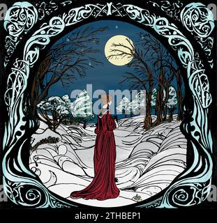 Illustration im Jugendstil einer Frau in einem roten Mantel, die nachts unter Vollmond den schneebedeckten Waldweg hinuntergeht Stock Vektor