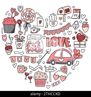 Handgezeichnetes und farbiges Doodle-Set zum Valentinstag, herzförmiges Clipart für 14. Februar Stock Vektor