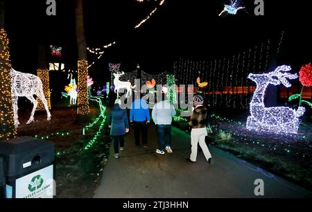 Menschen, die die Weihnachtsbeleuchtung des Detroit Zoo Wild Lights genießen, gehen zwischen Tierlichtern spazieren Stockfoto