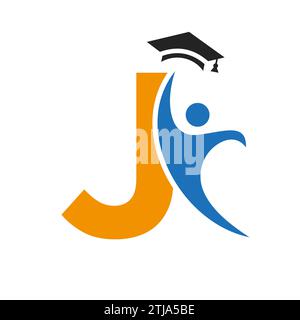 Bildungslogo auf Buchstabe J mit Graduiertenhut-Symbol. Graduierungssymbol Stock Vektor