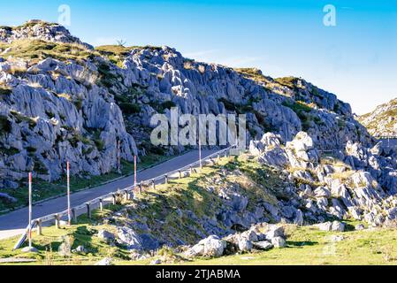 Lokale Hochgebirgsstraße mit Winterschildern zwischen Sotres und Tresviso. Jito de Escarandi, Sotres, Asturien, Tresviso, Kantabrien, Spanien, Europa. Stockfoto