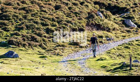 Wanderer auf dem Weg. Jito de Escarandi, an der Grenze zwischen Asturien und Kantabrien, ist Ausgangspunkt für viele Ausflüge. Jito de Escarando Stockfoto