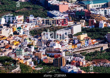 Luftaufnahme. Tazacorte ist eine Gemeinde auf der Insel La Palma, Provinz Teneriffa, Kanarische Inseln. Es liegt in der Nähe der Küste, im Westen Stockfoto