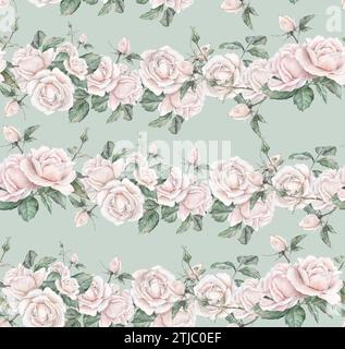 Nahtloses Muster in rosa Rosen. Ligthencremerosen-Arrangement. Sammlung von Gartenblumen und Blättern. Aquarell Handmalerei Illustration auf Stockfoto