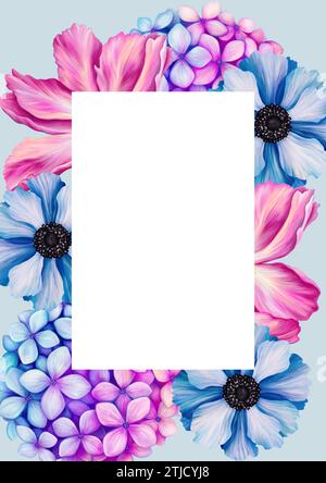 A4-Vorlage für Text mit schönen Blumen. Rahmen oder Rahmen mit violettblauen Blüten. Realistische, hochwertige botanische Illustration für romantische Pretty Stockfoto