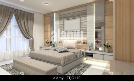 Luxuriöses Hauptschlafzimmer Design mit Holzmöbeln Stockfoto