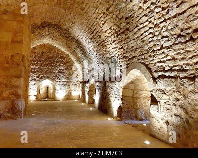 Die Burg Ajloun (arabisch قلعة عجلون; transliteriert: Qali bei Ajloun), mittelalterlicher Name Qali bei AR-Rabad, ist eine muslimische Burg aus dem 12. Jahrhundert im Nordwesten Jordaniens. Es befindet sich auf einem Hügel, der zum Bezirk Mount Ajloun gehört, auch bekannt als Jabal'auf nach einem Beduinenstamm, der das Gebiet im 12. Jahrhundert erobert hatte. Von ihrem hohen Erdboden aus bewachte die Burg drei Wadis, die in Richtung Jordantal absteigen. Sie wurde im 12. Jahrhundert von den Ayyubiden erbaut und im 13. Jahrhundert von den Mamluken vergrößert. In Der Nähe Von Ajlun, Jordanien. Quelle: JHelebrant Stockfoto