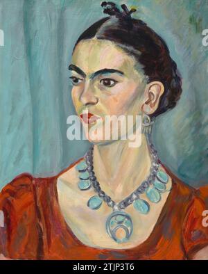 Porträt Frida Kahlo von Magda Pach.Frida Kahlo schöpfte aus der Volkskultur Mexikos einen visionären Stil der Selbstporträts. Sie verschmolz Phantasie mit Realismus und gab dem Leid, das sie nach einer traumatischen Verletzung und Krankheit erlitten hatte, visuelle Form, während sie gleichzeitig die Politik von Geschlecht, Klasse und Rasse aus ihrer Perspektive als engagierte Kommunistin sondierte. Durch die Förderung persönlicher Erfahrung und kultureller Identität als gültige Subjekte für Kunst wurde Kahlo zu einer kulturellen Ikone. Optimierte Version eines Bildes des Kunstwerks in der National Portrait Gallery, Smithsonian Institution, Washington DC Stockfoto