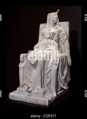 Der Tod von Cleopatra durch die Bildhauerin Edmonia Lewis. Kleopatra (69-30 v. Chr.), die legendäre Königin von Ägypten von 51-30 v. Chr., ist oft am bekanntesten für ihren dramatischen Selbstmord, angeblich durch den tödlichen Biss einer giftigen Schlange. Hier porträtierte Edmonia Lewis Kleopatra im Moment nach ihrem Tod in königlicher Kleidung in majestätischer Ruhe auf einem Thron. Die identischen Sphinxköpfe, die den Thron flankieren, repräsentieren die Zwillinge, die sie mit dem römischen General Marc Antonius getragen hat. Eine optimierte Version eines Bildes einer Originalskulptur im Smithsonian American Art Museum, Stockfoto