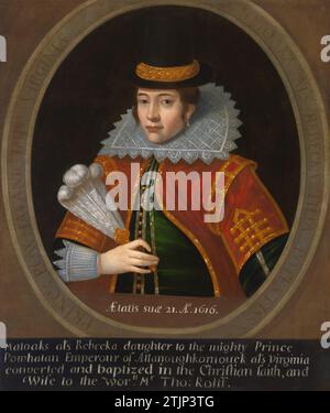 Porträt von Pocahontas, um 1595-1617 von einem unbekannten Künstler / Kopie nach Simon van de Passe. Matoaka, auch bekannt als Pocahontas, wuchs unter den Algonquian sprechenden Powhatan-Leuten auf, die von ihrem Vater überwacht wurden. 1613 entführte ein englischer Seekapitän sie und erpresste sie für Mais, Waffen und Gefangene. In Gefangenschaft konvertierte sie zum Christentum, nahm den Namen Rebecca an und heiratete den Tabakbauern John Rolfe. Eine optimierte Version eines Bildes eines Gemäldes in der National Portrait Gallery/Smithsonian. Stockfoto