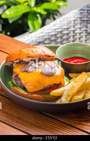 Trüffelburger und Pommes Frites Käse. Fastfood. Freier Platz für Ihren Text. Stockfoto