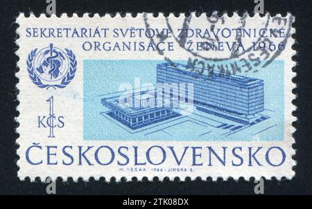 TSCHECHOSLOWAKEI - UM 1966: Stempel gedruckt von der Tschechoslowakei, zeigt das Hauptquartier der Weltgesundheitsorganisation in Genf, um 1966 Stockfoto